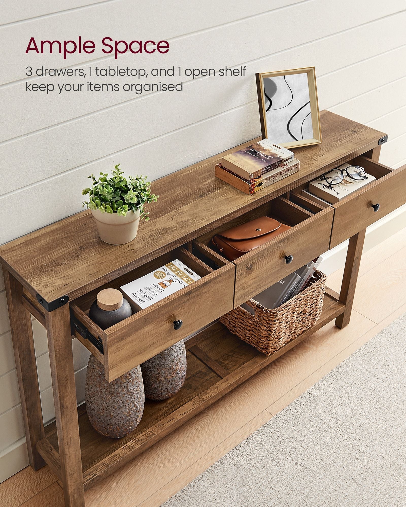 Console Table – Wood – Rustic Walnut – 3 Drawers with Open Shelf
