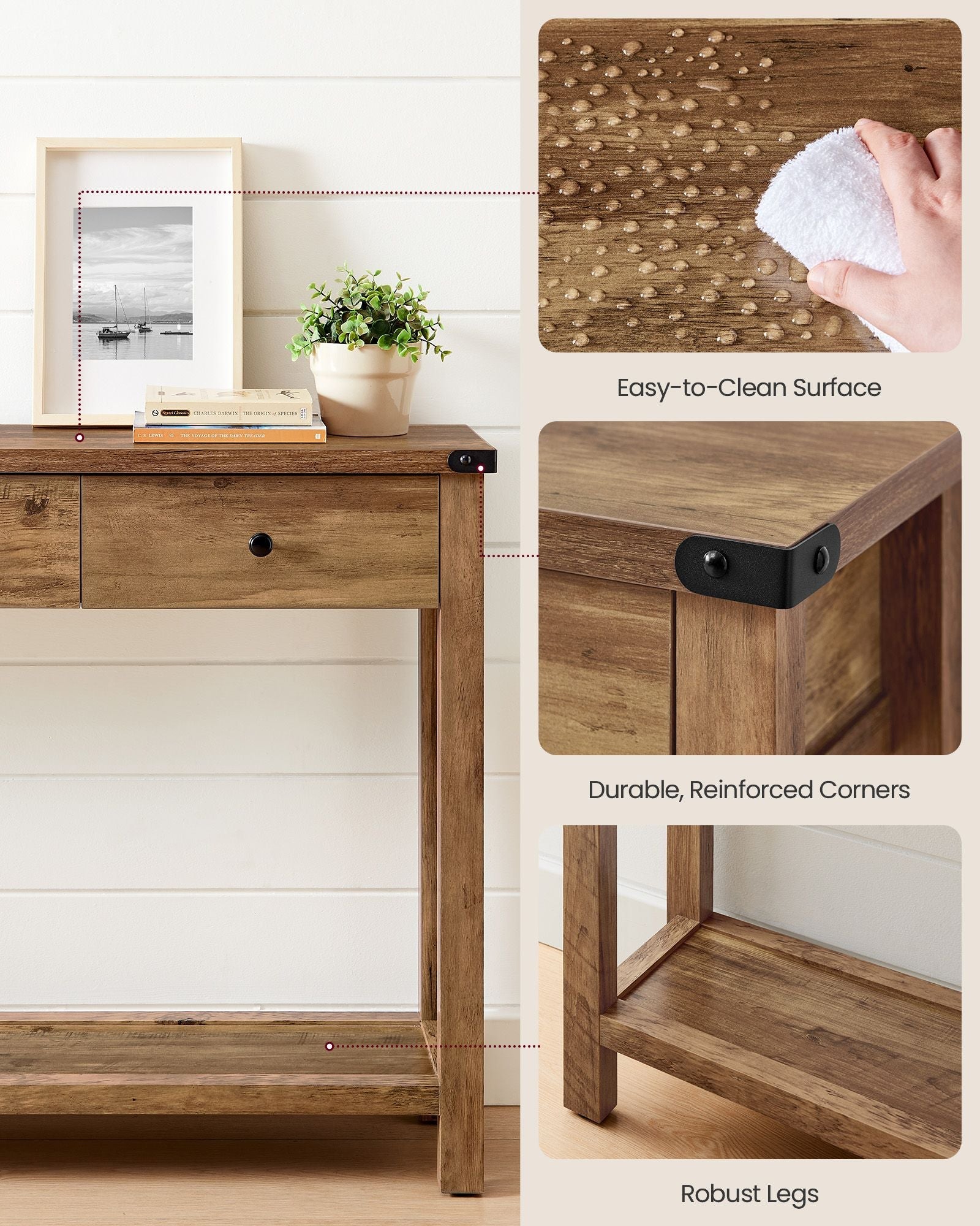 Console Table – Wood – Rustic Walnut – 3 Drawers with Open Shelf