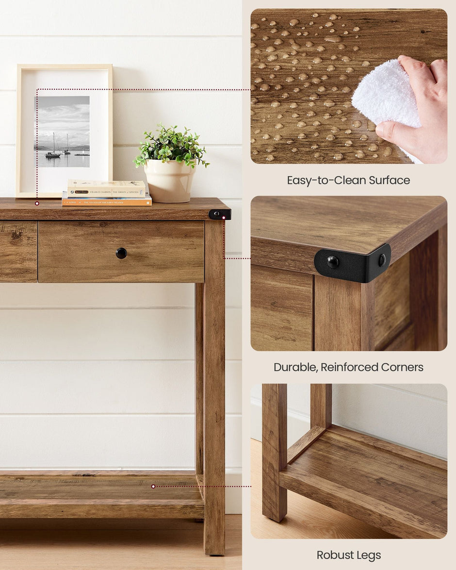 Console Table – Wood – Rustic Walnut – 3 Drawers with Open Shelf