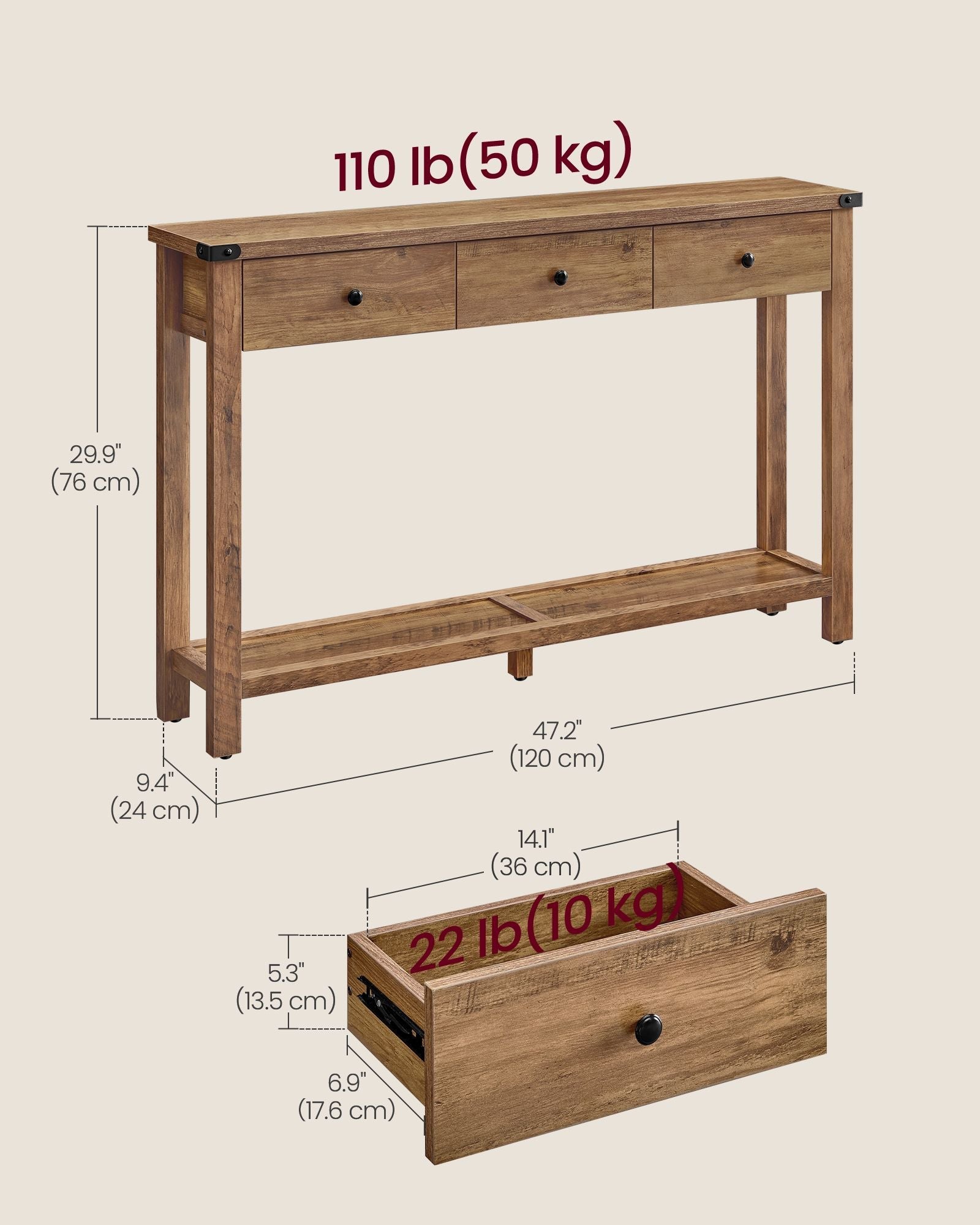Console Table – Wood – Rustic Walnut – 3 Drawers with Open Shelf