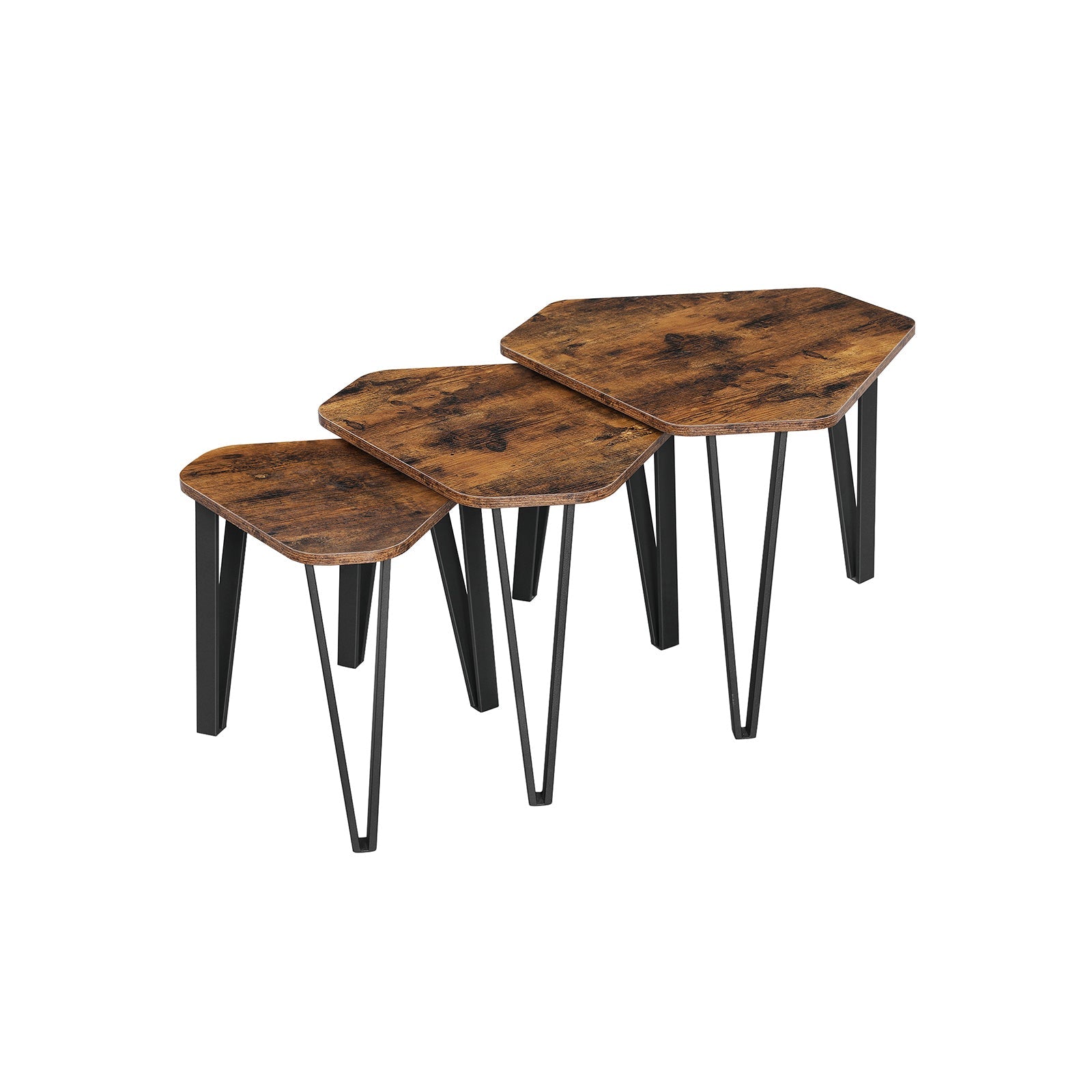 Set of 3 Nesting Coffee Tables – Steel Frame – Rustic Brown and Black – Sturdy and Easy Assembly