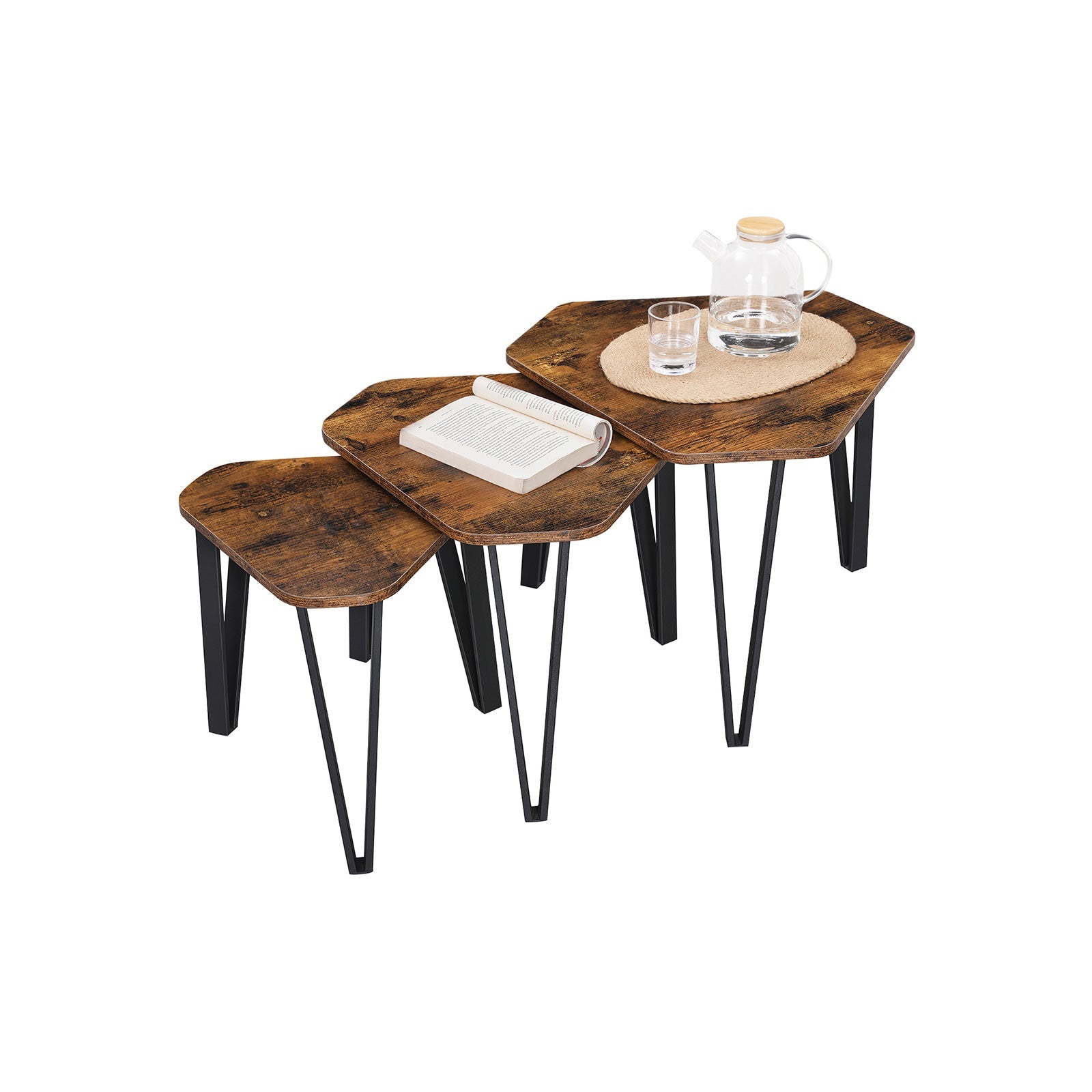 Set of 3 Nesting Coffee Tables – Steel Frame – Rustic Brown and Black – Sturdy and Easy Assembly
