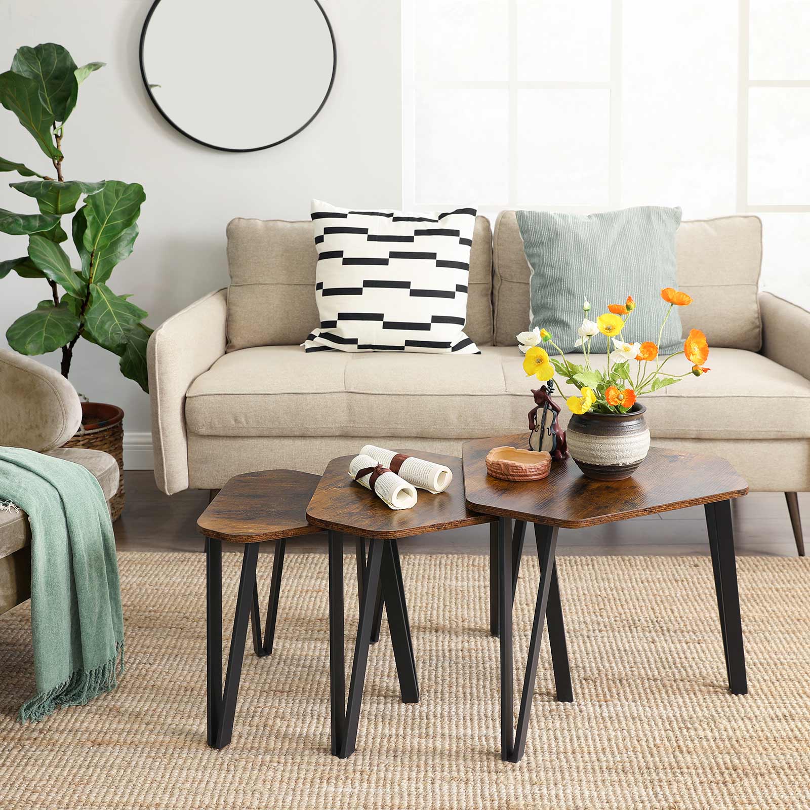 Set of 3 Nesting Coffee Tables – Steel Frame – Rustic Brown and Black – Sturdy and Easy Assembly