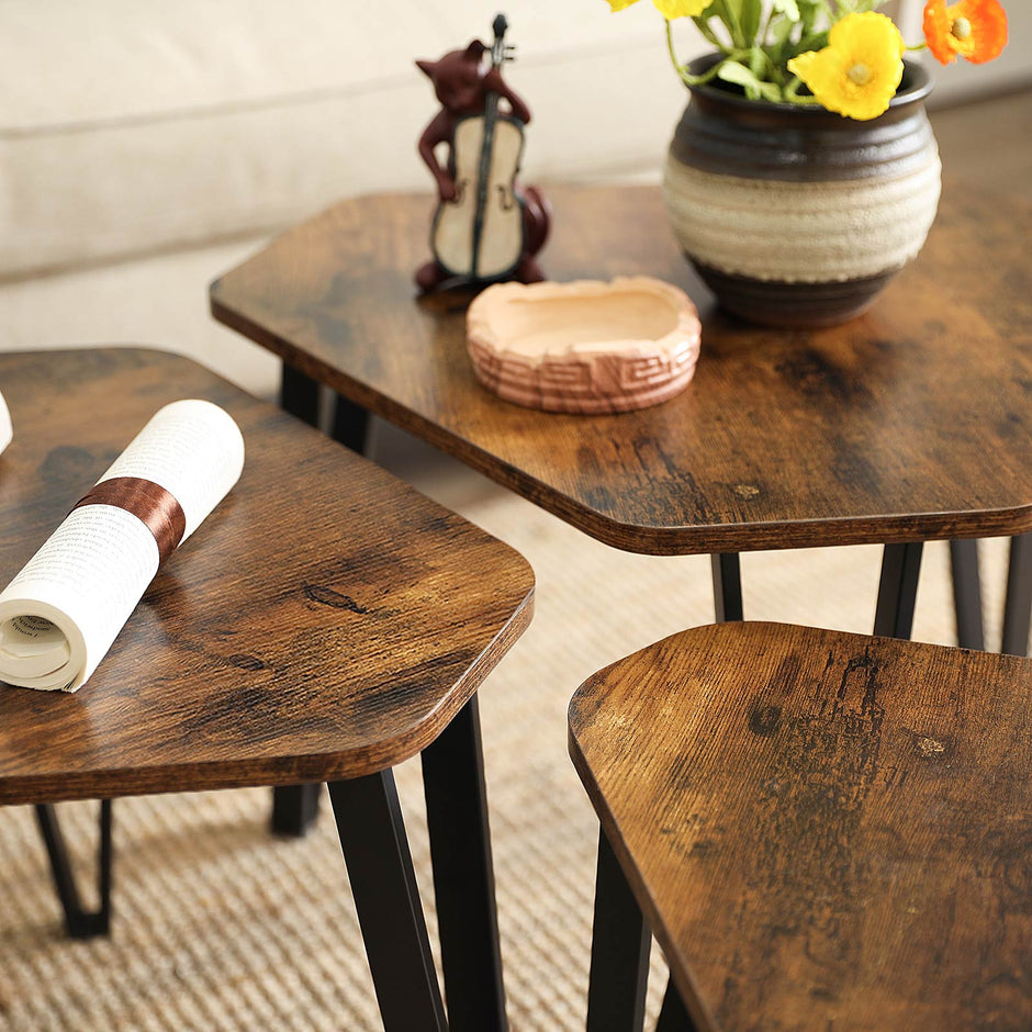 Set of 3 Nesting Coffee Tables – Steel Frame – Rustic Brown and Black – Sturdy and Easy Assembly