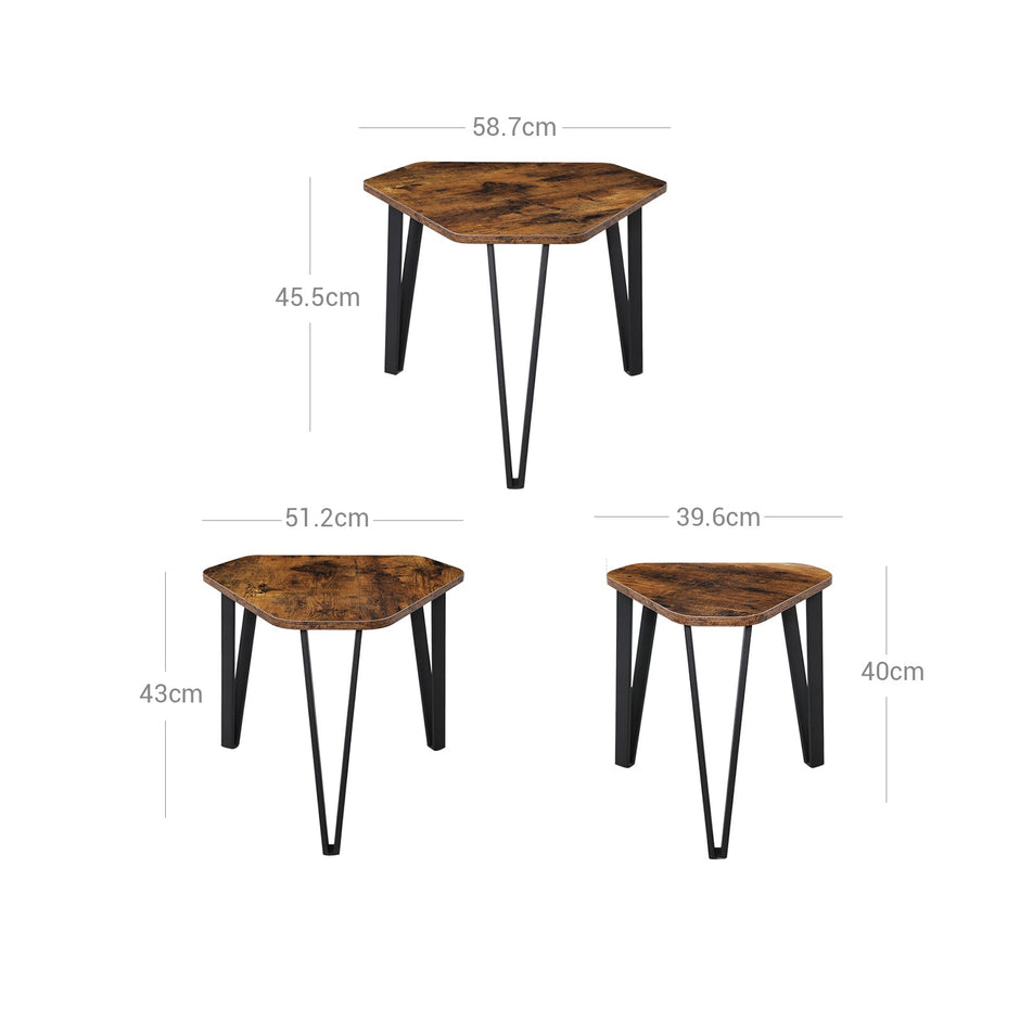 Set of 3 Nesting Coffee Tables – Steel Frame – Rustic Brown and Black – Sturdy and Easy Assembly