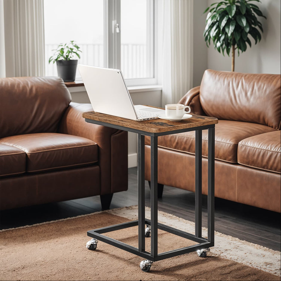 C-Shaped End Table – Metal and Wood – Rustic Brown and Black – With Casters