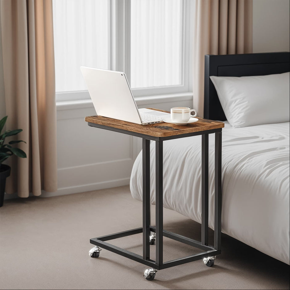 C-Shaped End Table – Metal and Wood – Rustic Brown and Black – With Casters