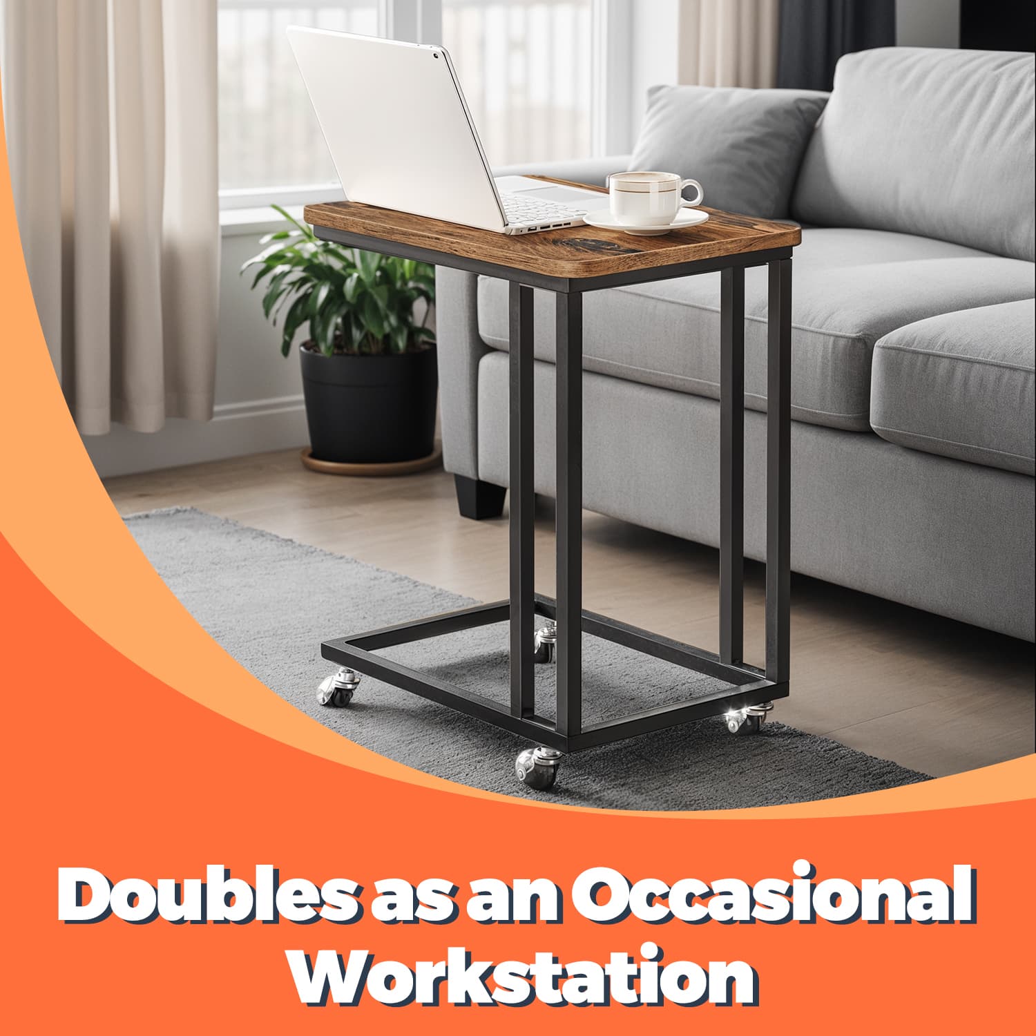 C-Shaped End Table – Metal and Wood – Rustic Brown and Black – With Casters