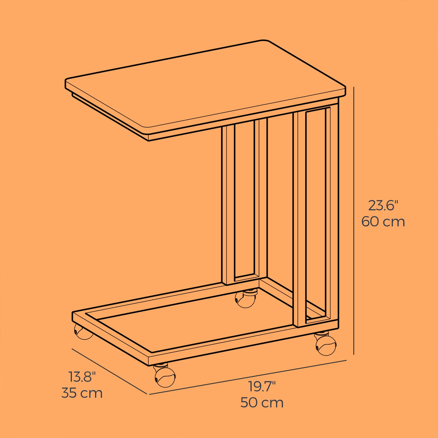 C-Shaped End Table – Metal and Wood – Rustic Brown and Black – With Casters