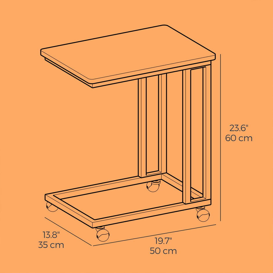 C-Shaped End Table – Metal and Wood – Rustic Brown and Black – With Casters