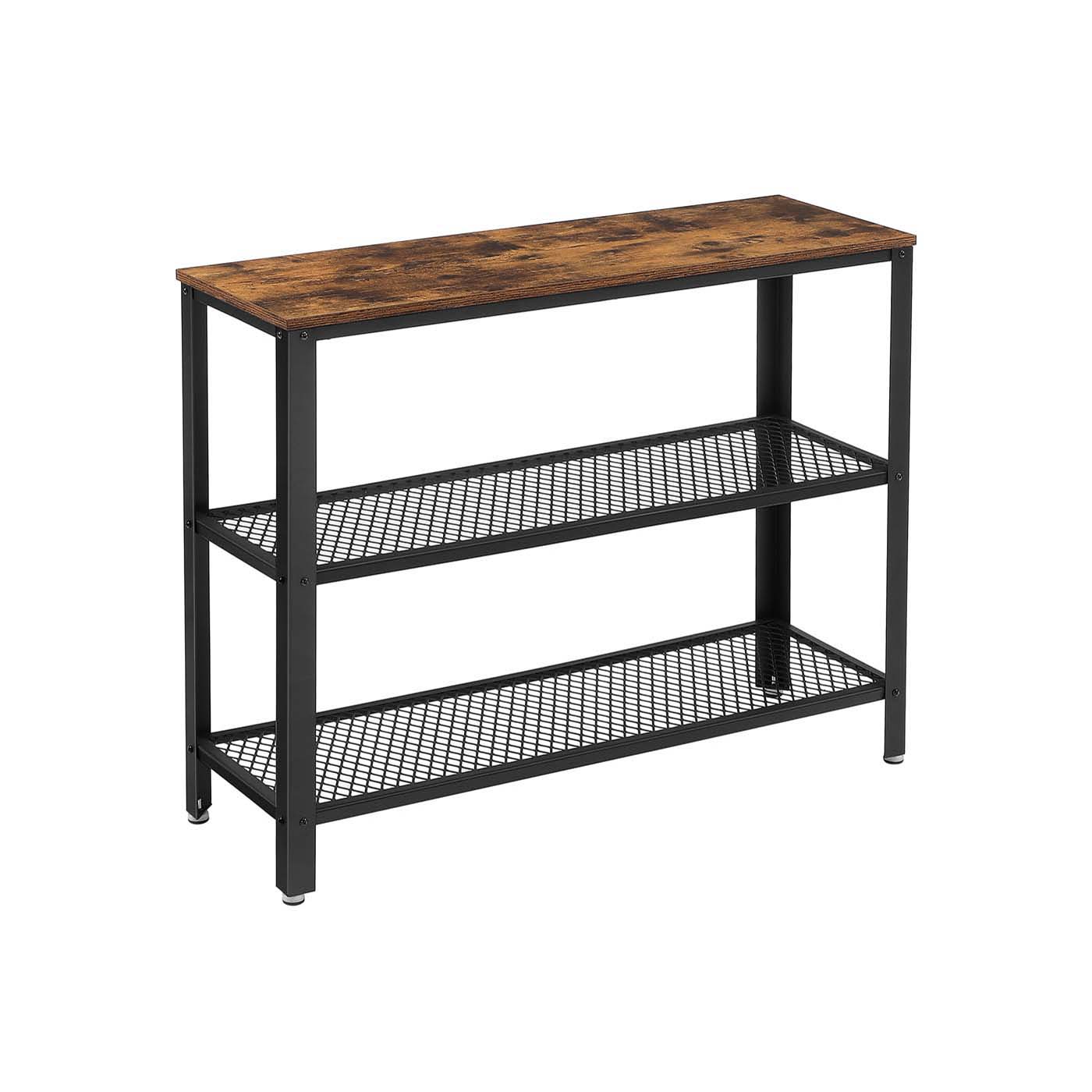 Console Table – Iron – Rustic Brown – Narrow Design with 2 Mesh Shelves