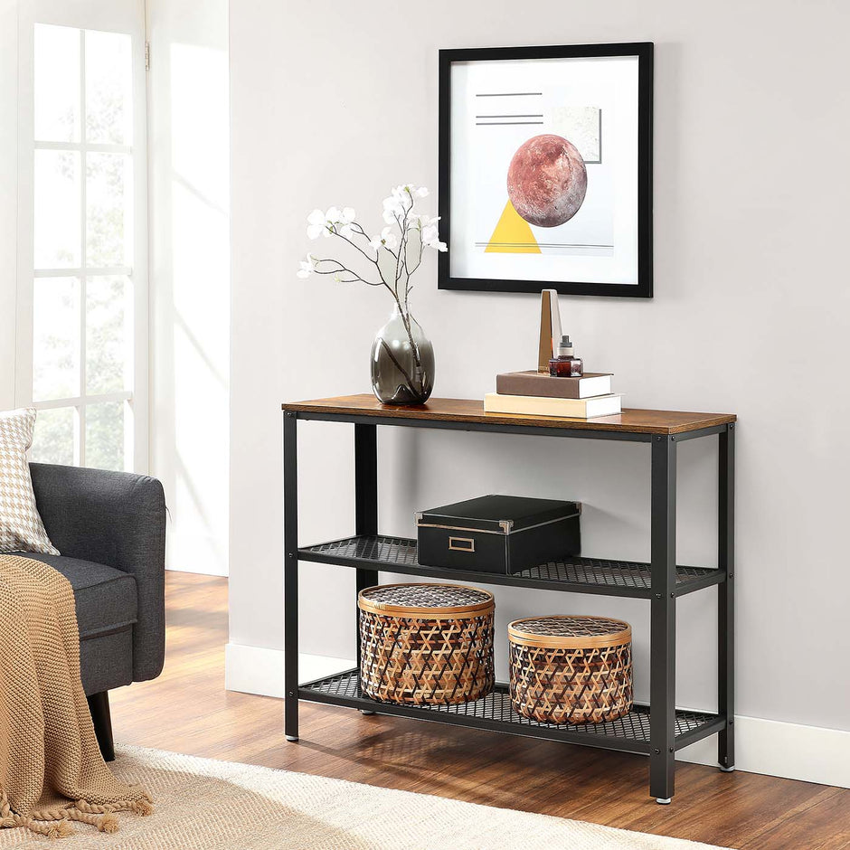 Console Table – Iron – Rustic Brown – Narrow Design with 2 Mesh Shelves