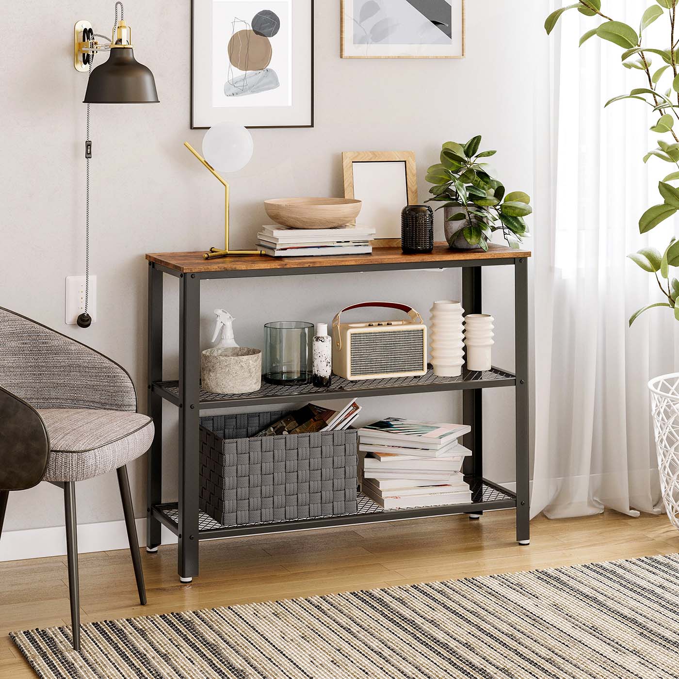 Console Table – Iron – Rustic Brown – Narrow Design with 2 Mesh Shelves