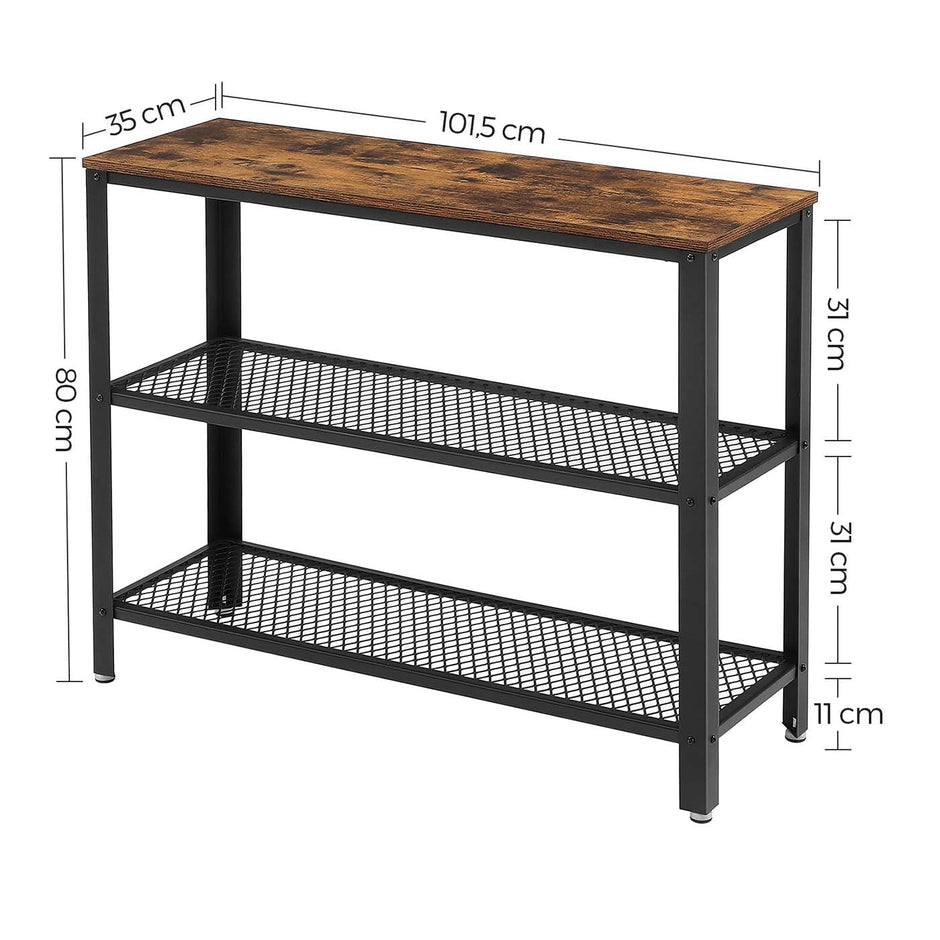 Console Table – Iron – Rustic Brown – Narrow Design with 2 Mesh Shelves