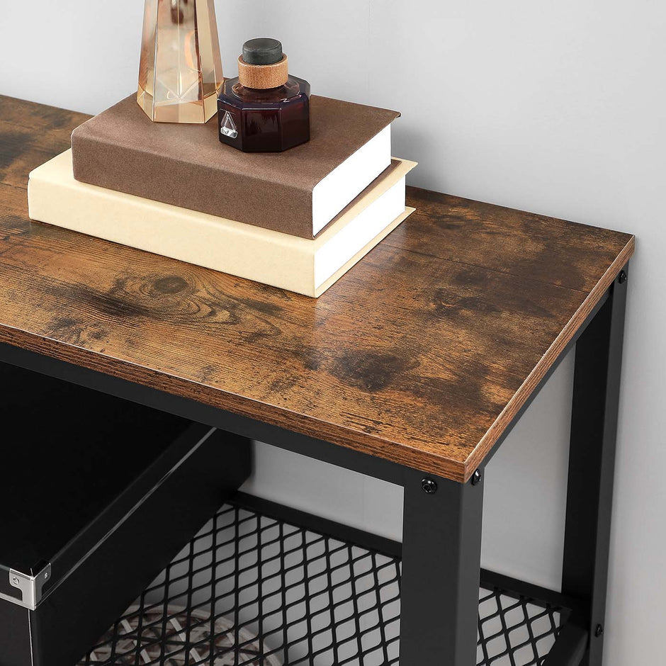 Console Table – Iron – Rustic Brown – Narrow Design with 2 Mesh Shelves