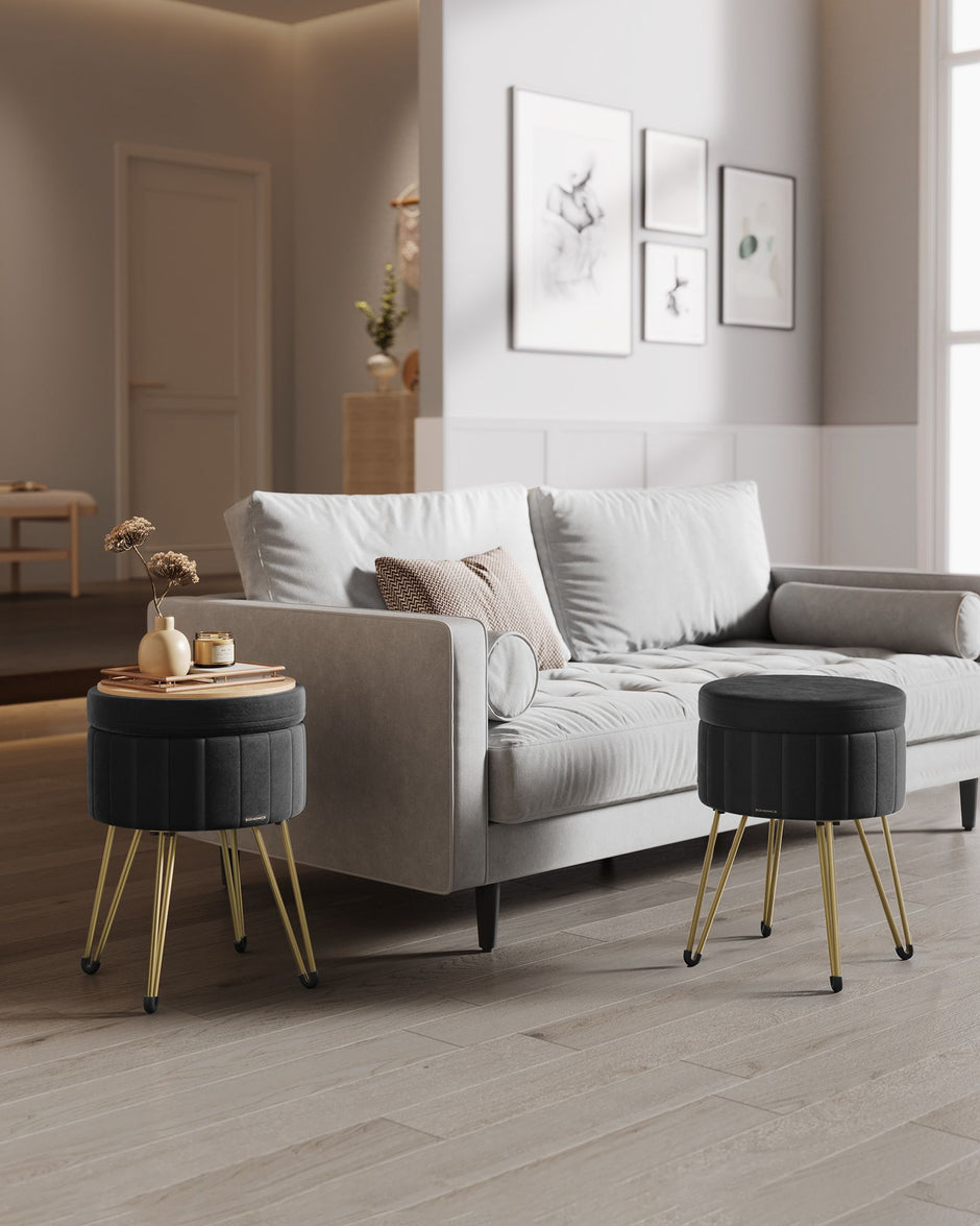 Round Storage Ottoman – Velvet – Ink Black – with Metal Legs
