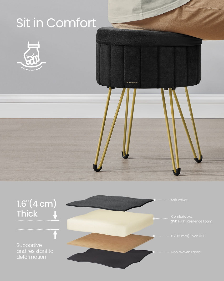 Round Storage Ottoman – Velvet – Ink Black – with Metal Legs