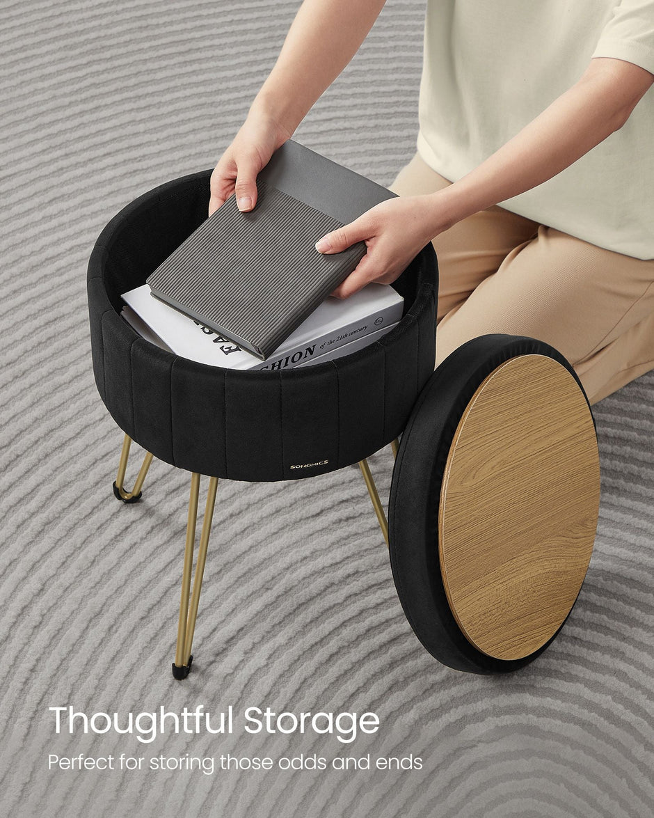 Round Storage Ottoman – Velvet – Ink Black – with Metal Legs
