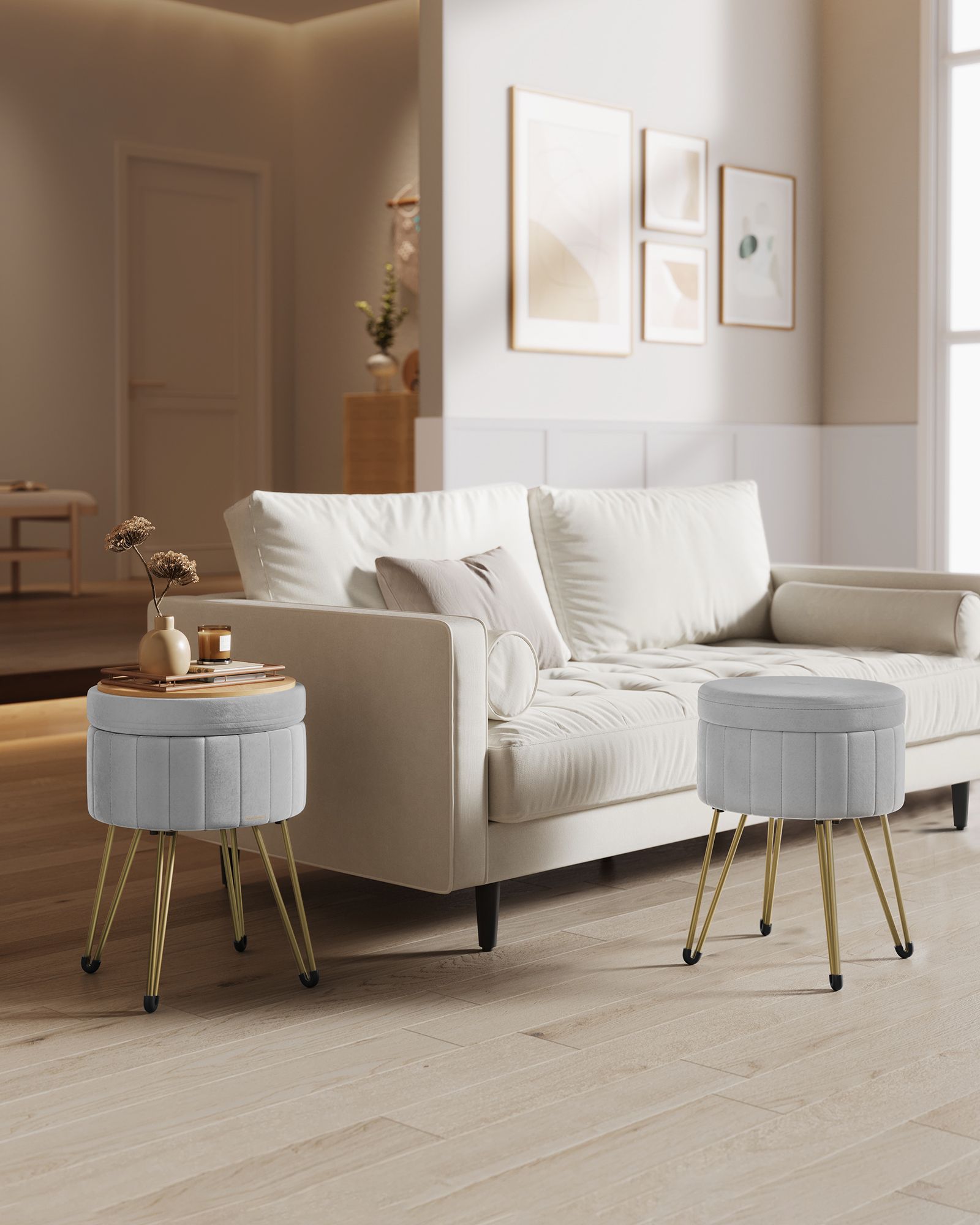Round Velvet Storage Ottoman – Dove Grey – 4 Metal Legs – Versatile for Dressing Room, Living Room, and Bedroom