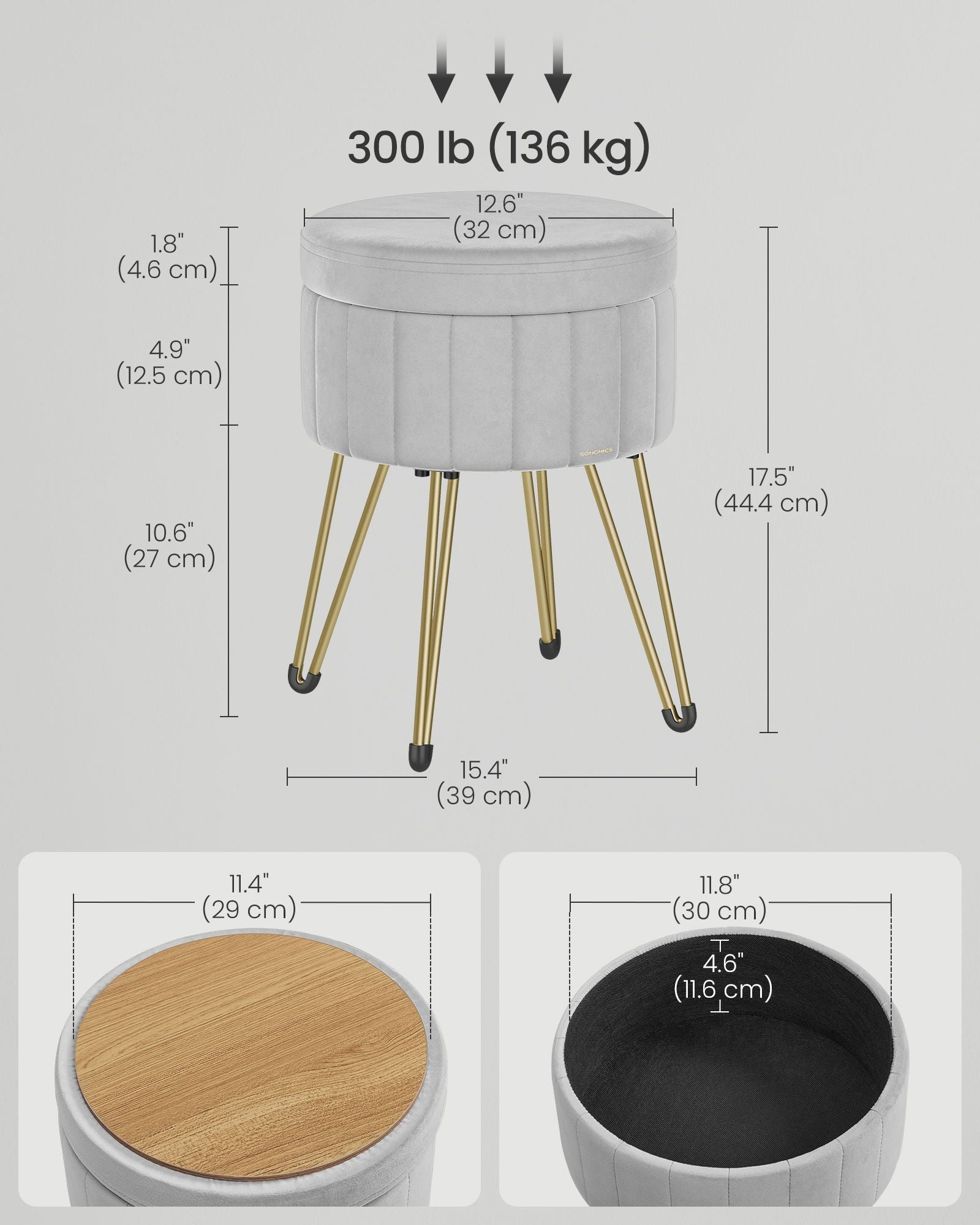 Round Velvet Storage Ottoman – Dove Grey – 4 Metal Legs – Versatile for Dressing Room, Living Room, and Bedroom