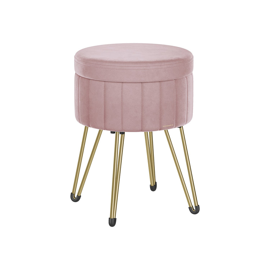 Round Velvet Storage Ottoman – Jelly Pink – 4 Metal Legs – Versatile Stool for Living Room and Bedroom