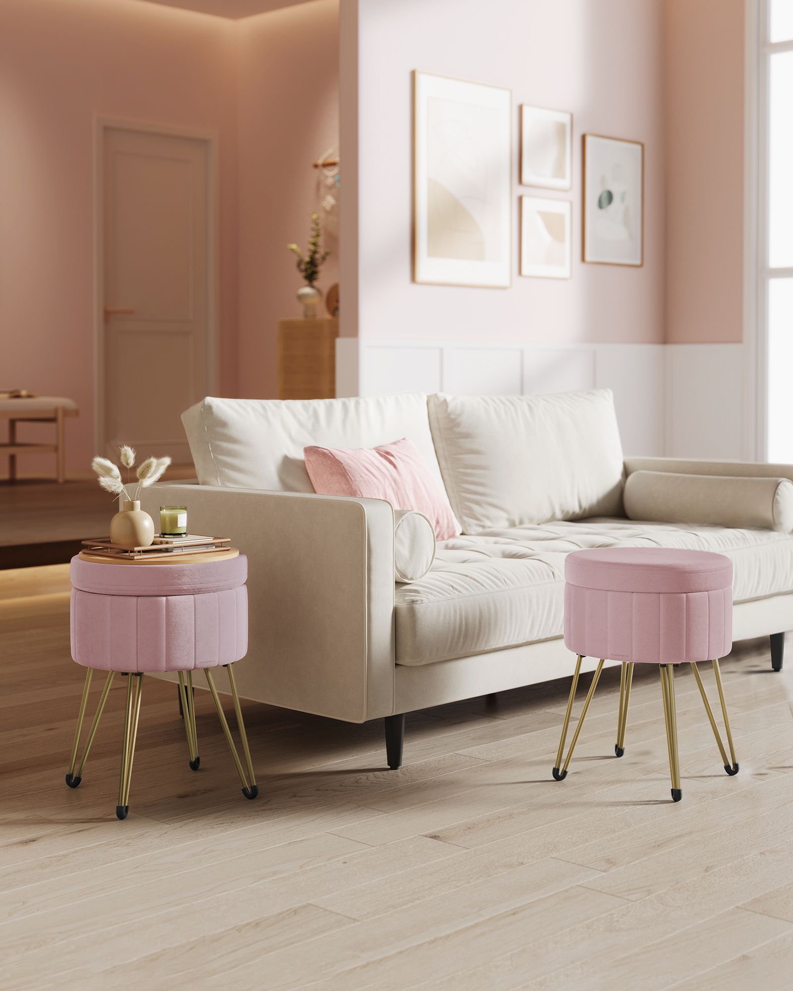 Round Velvet Storage Ottoman – Jelly Pink – 4 Metal Legs – Versatile Stool for Living Room and Bedroom