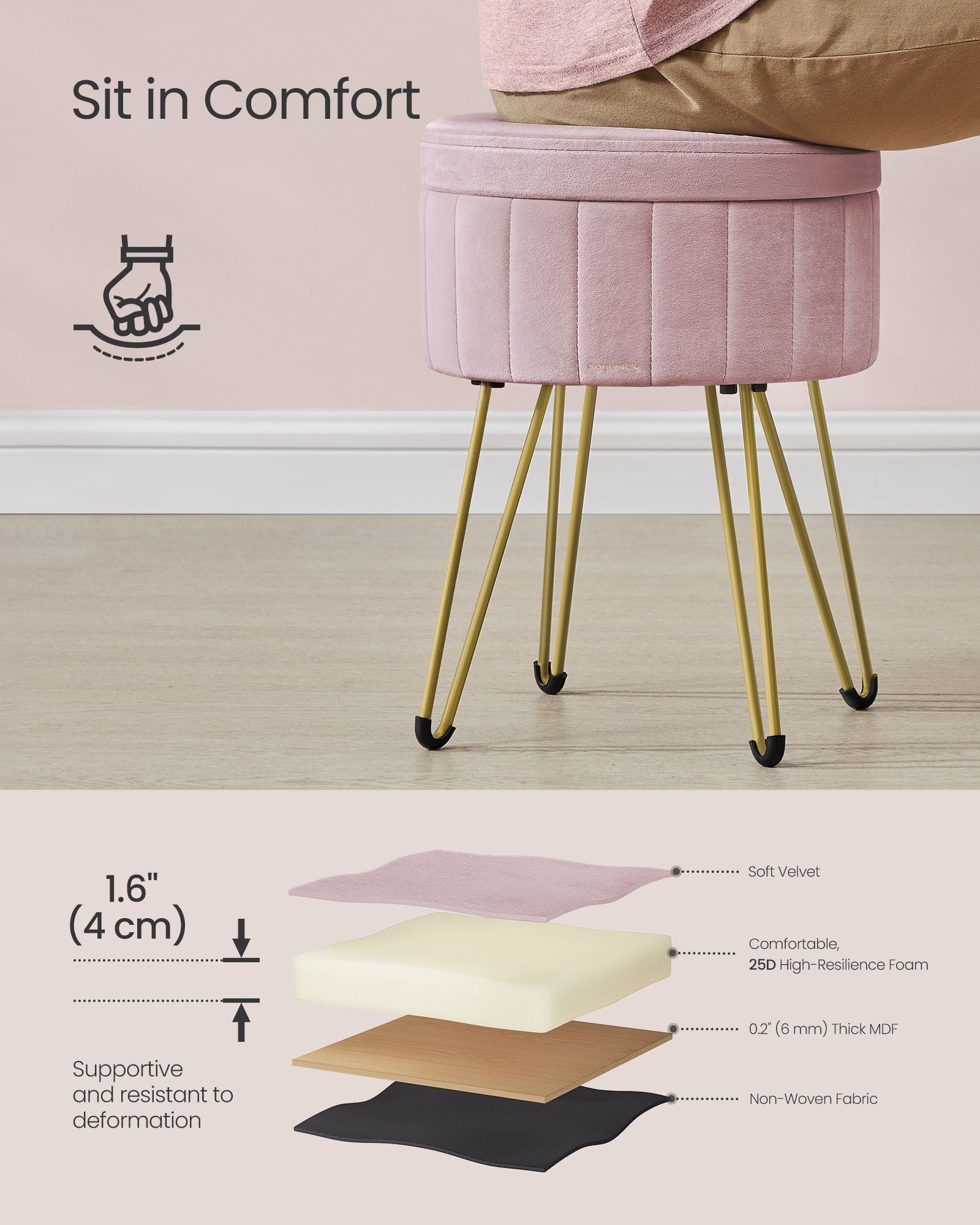 Round Velvet Storage Ottoman – Jelly Pink – 4 Metal Legs – Versatile Stool for Living Room and Bedroom