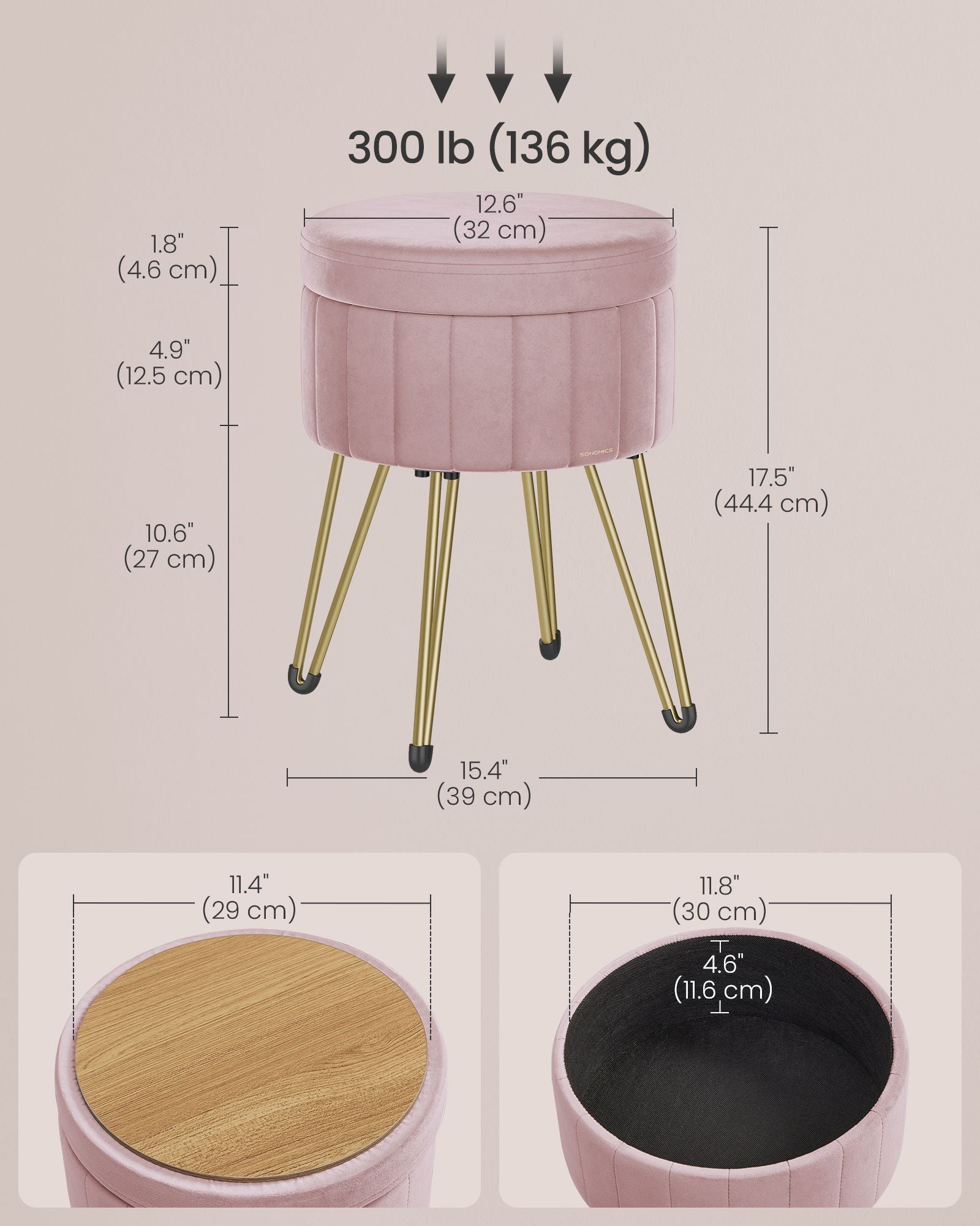 Round Velvet Storage Ottoman – Jelly Pink – 4 Metal Legs – Versatile Stool for Living Room and Bedroom