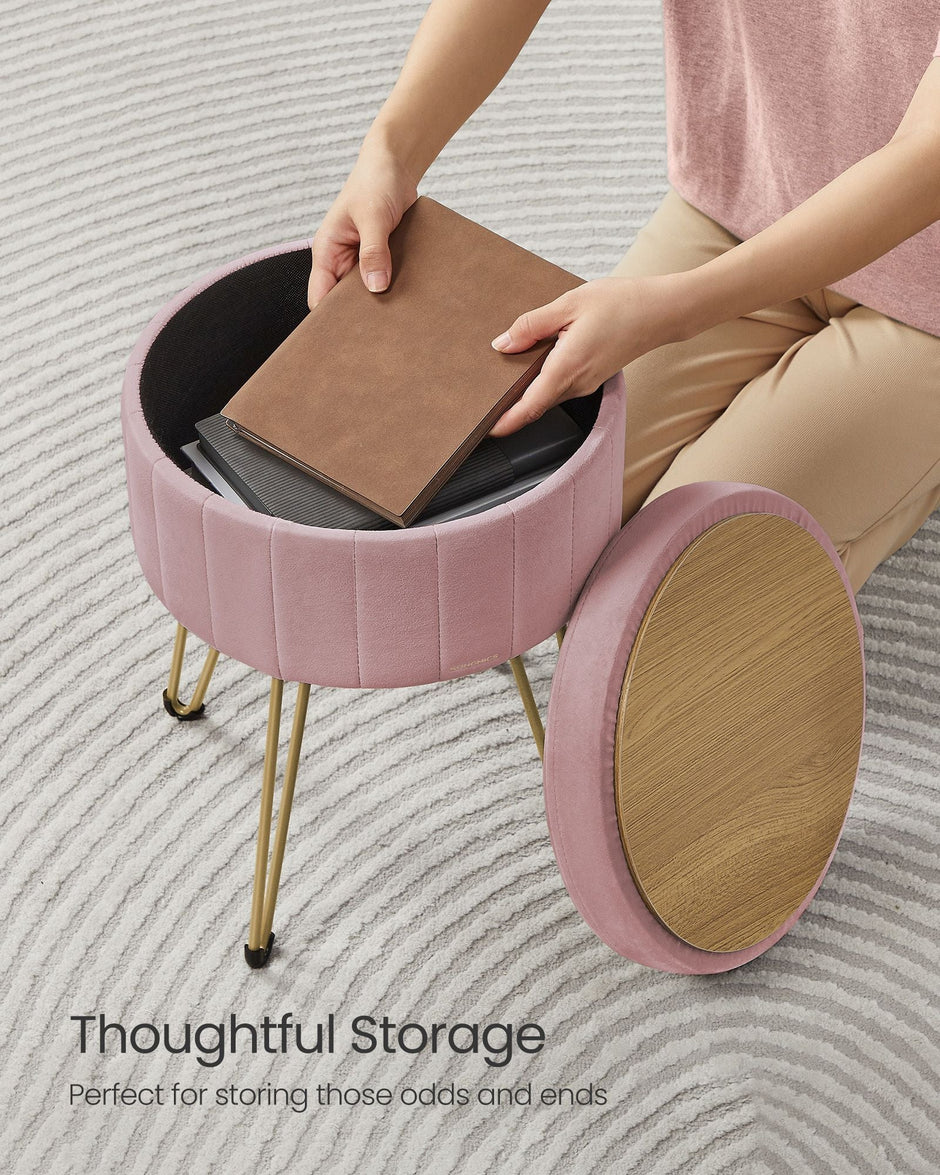 Round Velvet Storage Ottoman – Jelly Pink – 4 Metal Legs – Versatile Stool for Living Room and Bedroom