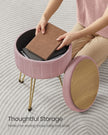 Round Velvet Storage Ottoman – Jelly Pink – 4 Metal Legs – Versatile Stool for Living Room and Bedroom
