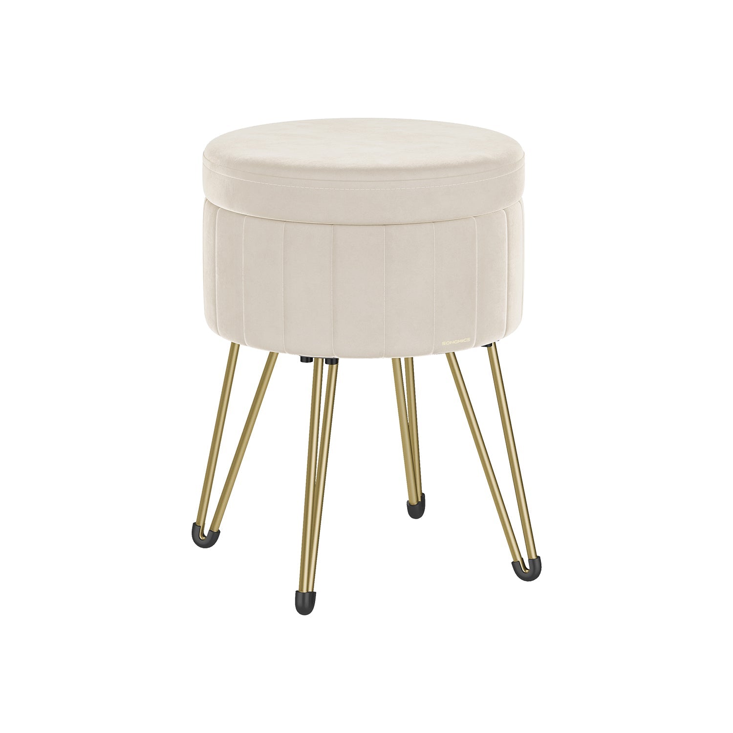 Round Storage Ottoman – Velvet – Cream White – Versatile Seating with 4 Metal Legs