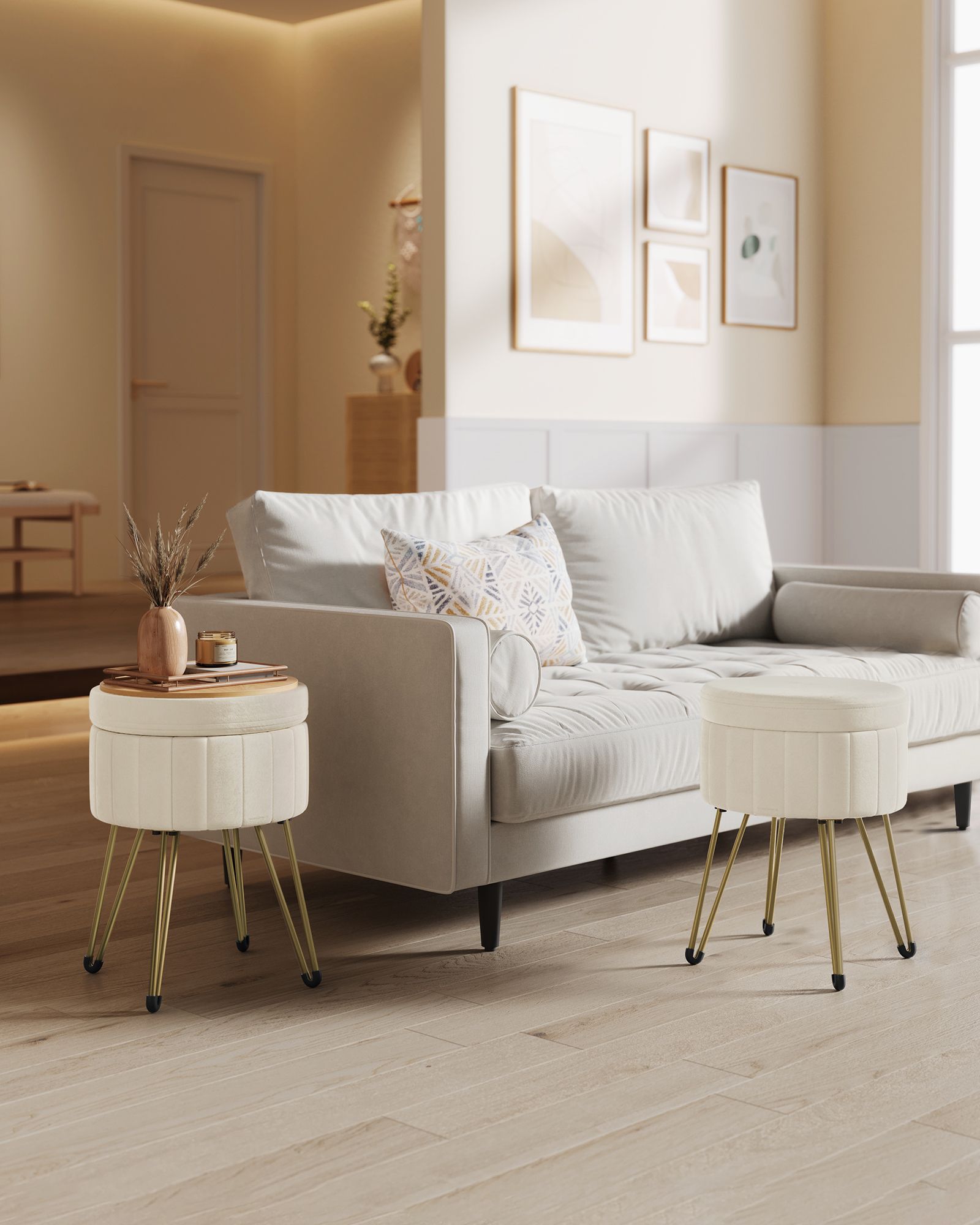Round Storage Ottoman – Velvet – Cream White – Versatile Seating with 4 Metal Legs