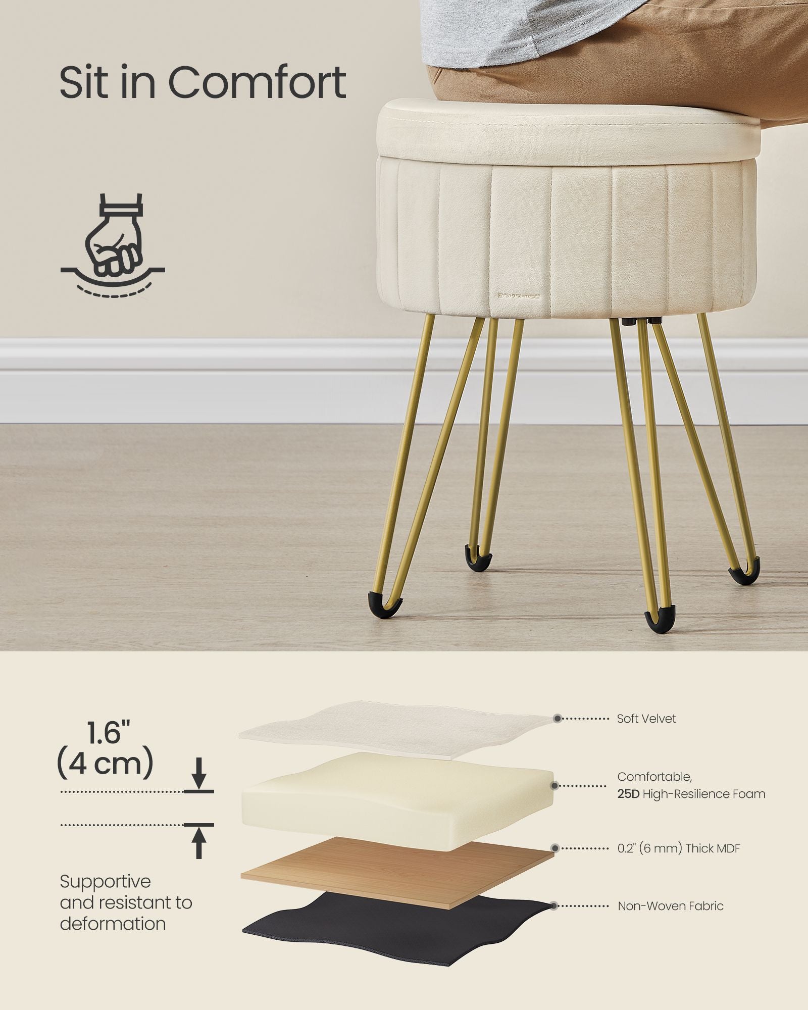 Round Storage Ottoman – Velvet – Cream White – Versatile Seating with 4 Metal Legs