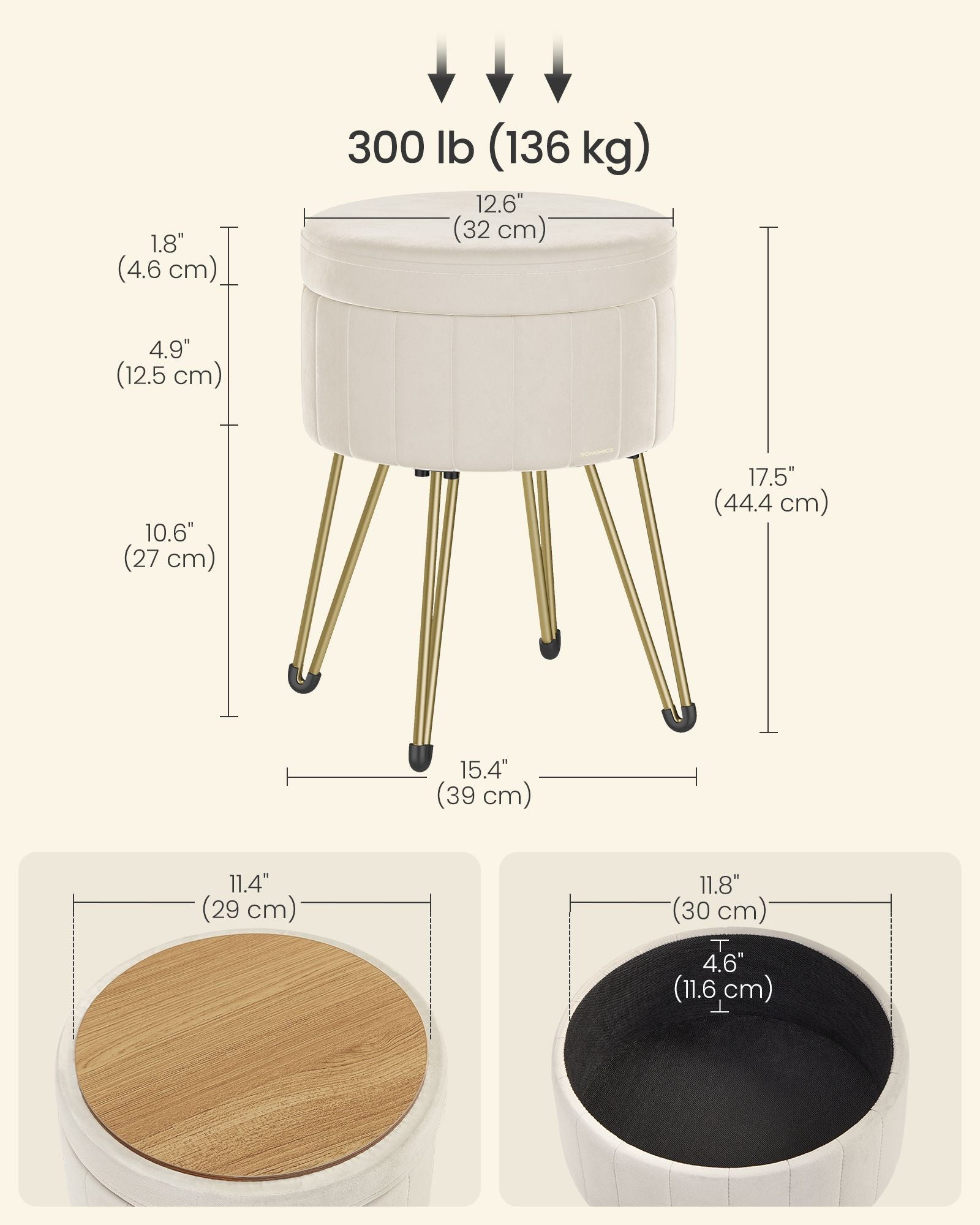 Round Storage Ottoman – Velvet – Cream White – Versatile Seating with 4 Metal Legs