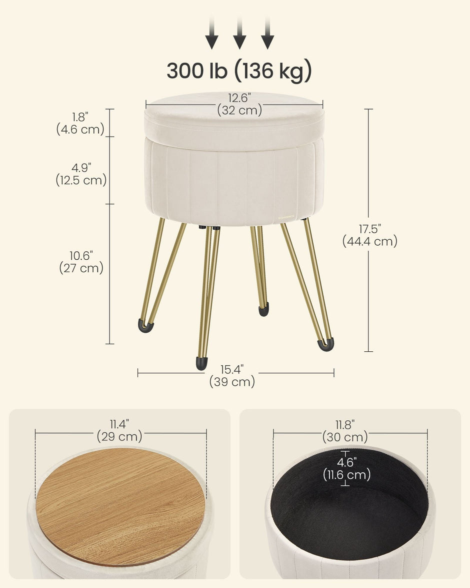 Round Storage Ottoman – Velvet – Cream White – Versatile Seating with 4 Metal Legs