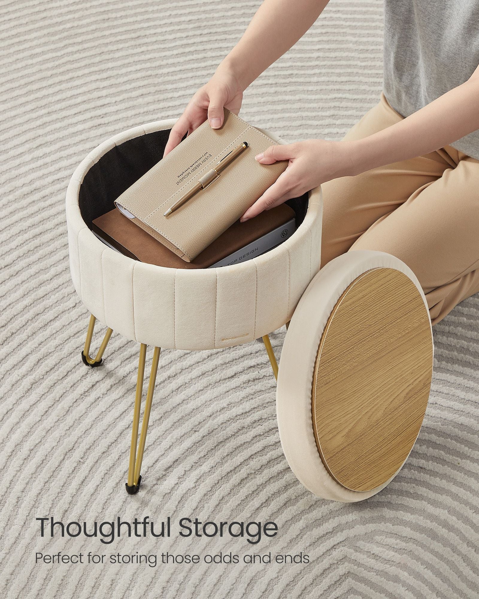 Round Storage Ottoman – Velvet – Cream White – Versatile Seating with 4 Metal Legs