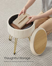 Round Storage Ottoman – Velvet – Cream White – Versatile Seating with 4 Metal Legs