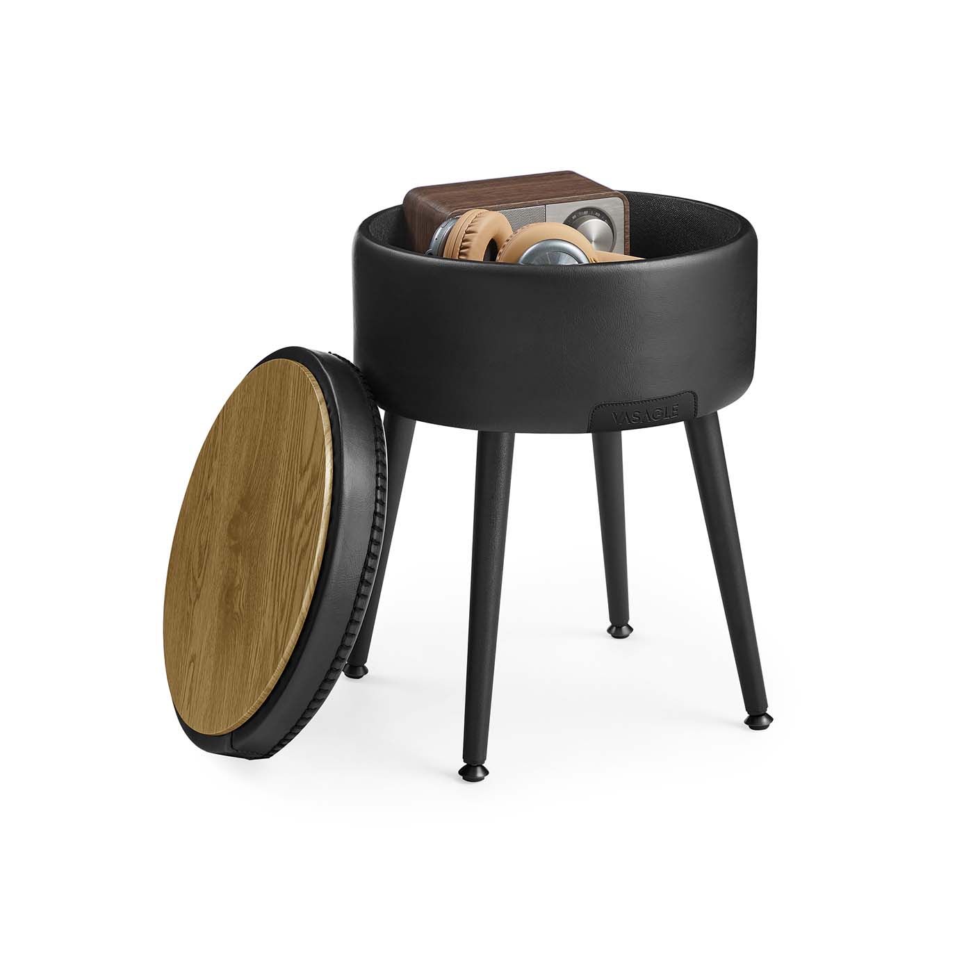 Storage Ottoman – Synthetic Leather – Ink Black – Mid-Century Modern Design with Steel Legs