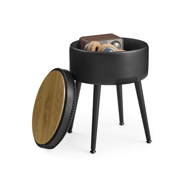 Storage Ottoman – Synthetic Leather – Ink Black – Mid-Century Modern Design with Steel Legs