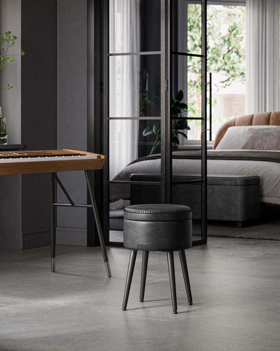 Storage Ottoman – Synthetic Leather – Ink Black – Mid-Century Modern Design with Steel Legs