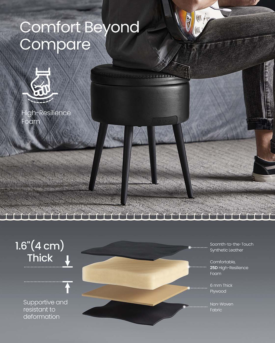 Storage Ottoman – Synthetic Leather – Ink Black – Mid-Century Modern Design with Steel Legs
