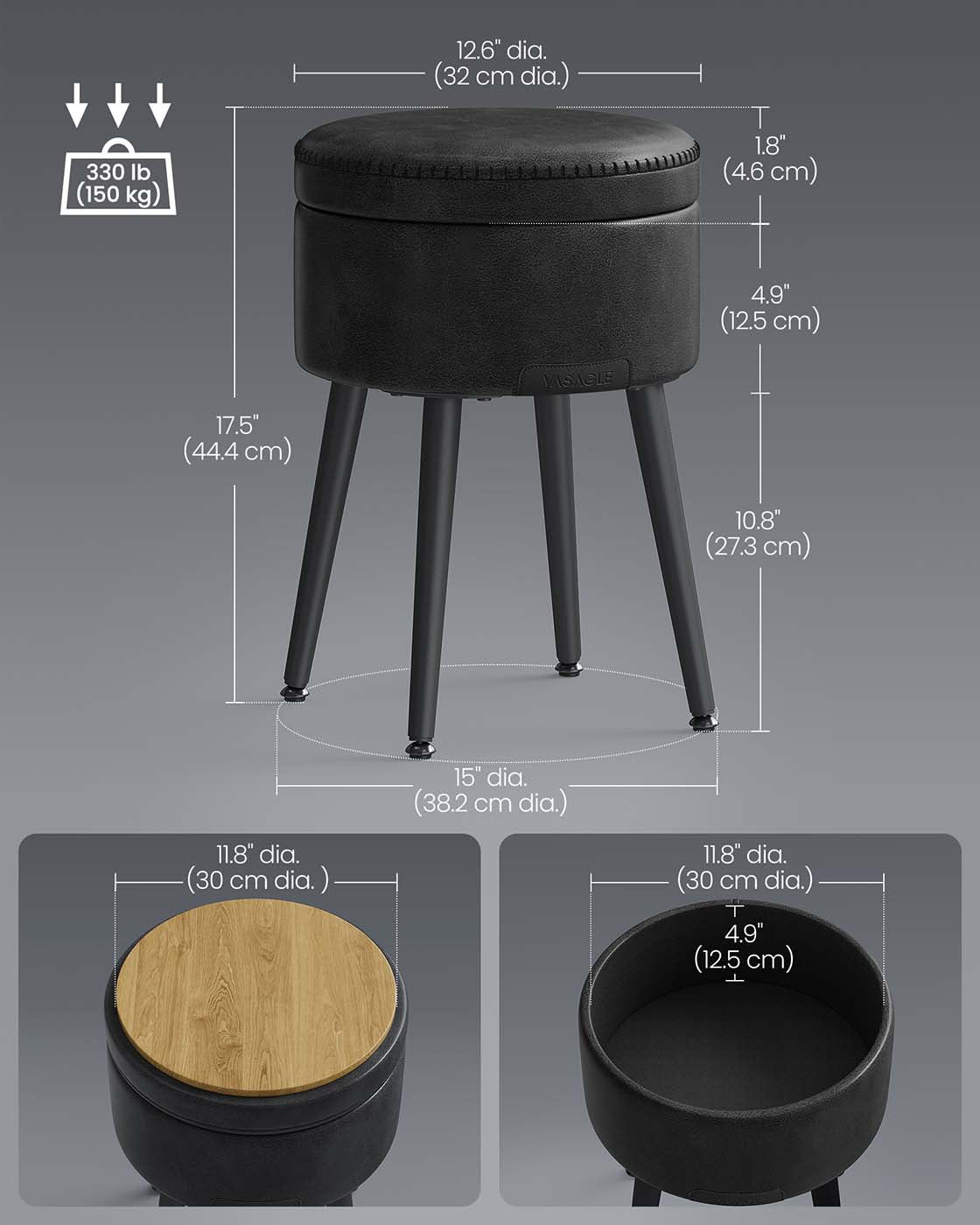 Storage Ottoman – Synthetic Leather – Ink Black – Mid-Century Modern Design with Steel Legs