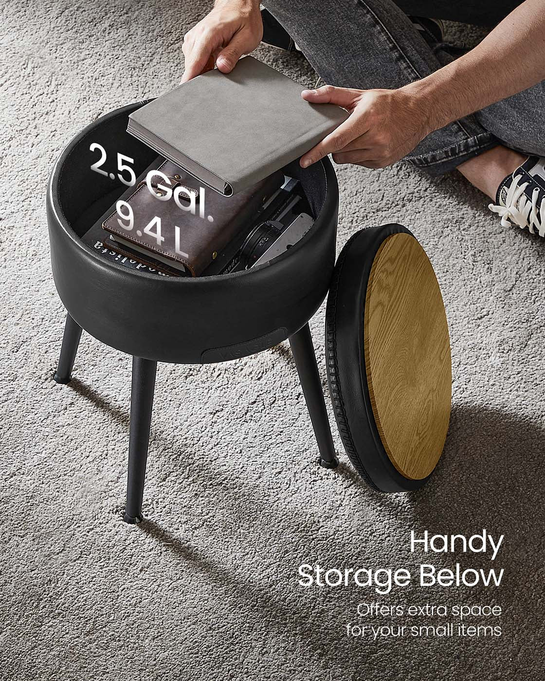 Storage Ottoman – Synthetic Leather – Ink Black – Mid-Century Modern Design with Steel Legs
