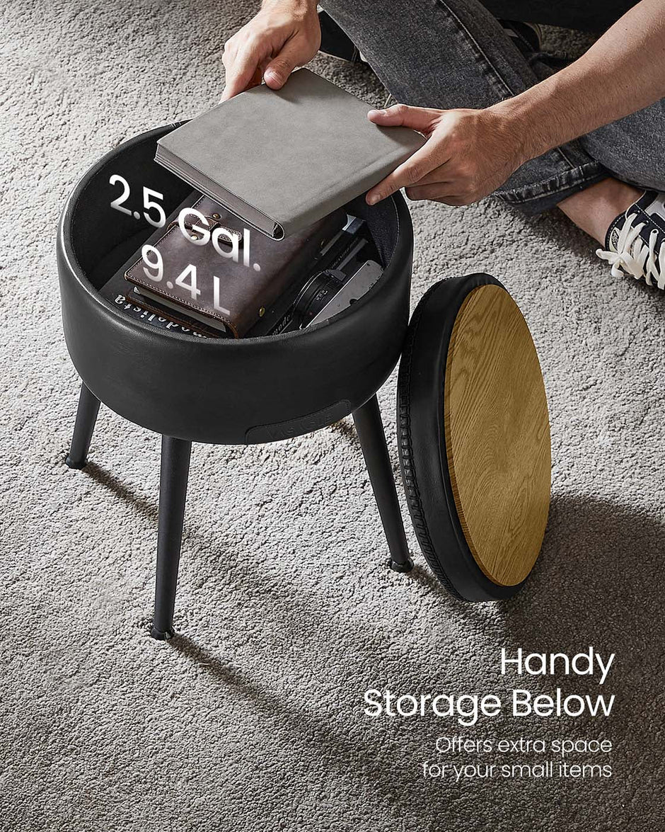 Storage Ottoman – Synthetic Leather – Ink Black – Mid-Century Modern Design with Steel Legs
