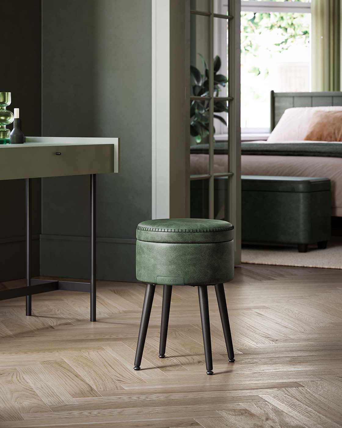 Storage Ottoman – Synthetic Leather – Round – Mid-Century Modern Design with Steel Legs, Max Load 150 kg