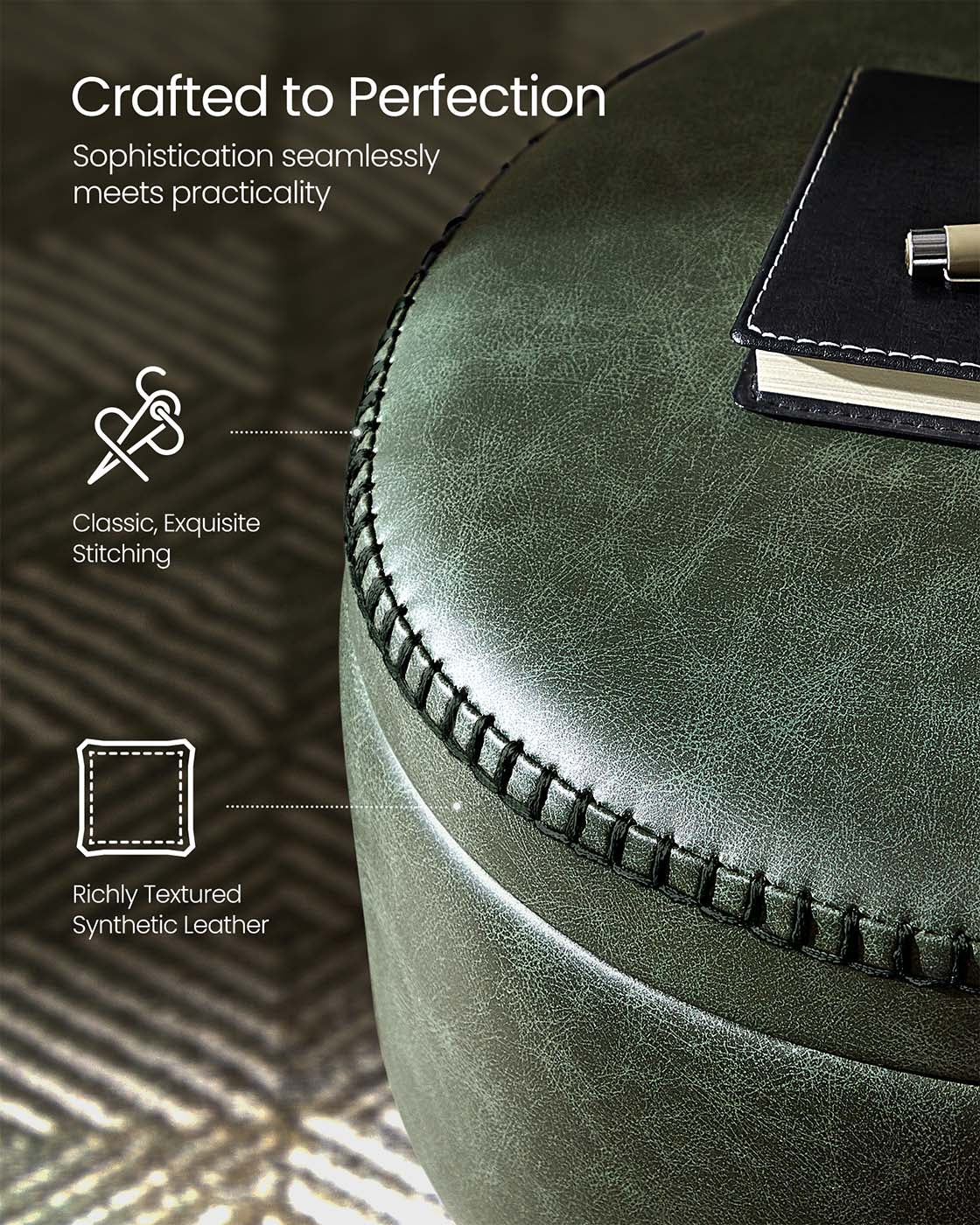 Storage Ottoman – Synthetic Leather – Round – Mid-Century Modern Design with Steel Legs, Max Load 150 kg