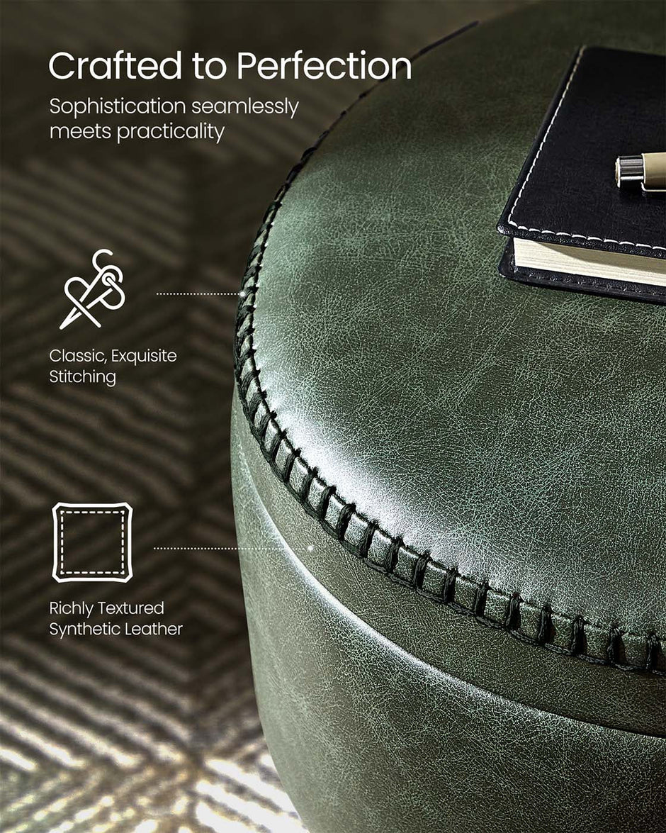 Storage Ottoman – Synthetic Leather – Round – Mid-Century Modern Design with Steel Legs, Max Load 150 kg