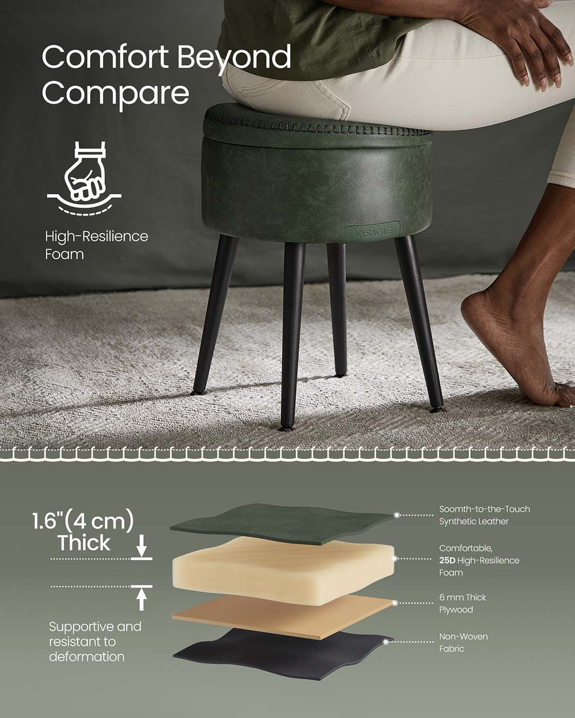 Storage Ottoman – Synthetic Leather – Round – Mid-Century Modern Design with Steel Legs, Max Load 150 kg