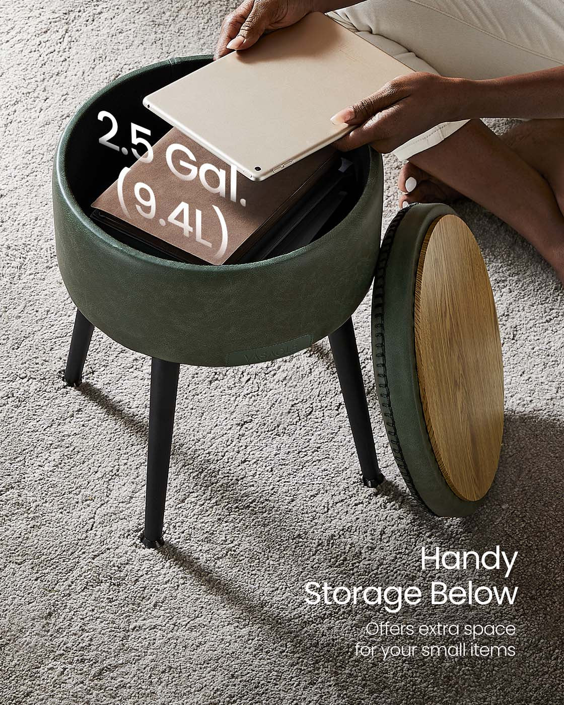 Storage Ottoman – Synthetic Leather – Round – Mid-Century Modern Design with Steel Legs, Max Load 150 kg