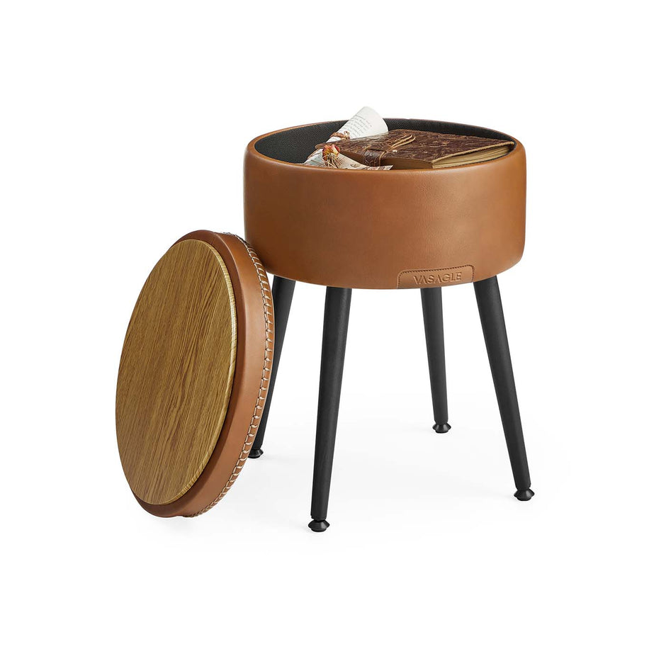 Storage Ottoman – Synthetic Leather – Caramel Brown – Round with Steel Legs, Max Load 150 kg
